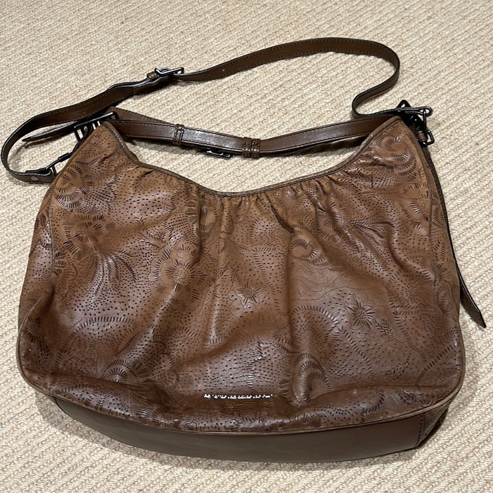 Burberry brown soft leather laser cut floral hobo handbag